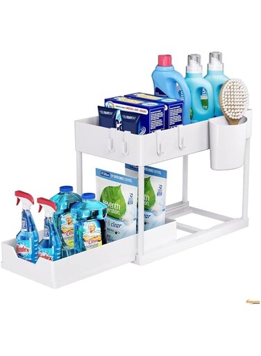 Raxoom 1pcs Under Sink Organizer │ Multi-Purpose 2-Tier Storage Rack for Kitchen &amp; Bathroom │ Space-Saving Sliding Shelf with Non-Slip Stand &amp; 4 Hooks │ Compact Design for Laundry &amp; Workspace (White)