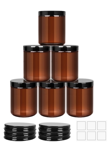 6Pack 8oz amber Round Glass Pot Jars, Empty Jars with Lids, Refillable Cosmetic Containers, Travel Jars for Lotion, Cream, Slime, Cosmeti - Includes extra lid and label