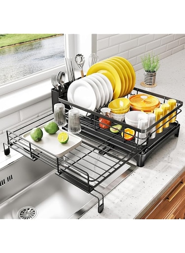 NETEL Extendable Dish Drainer Rack - 2-in-1 Sink Drying Rack &amp; Adjustable Draining Board (32-56.9cm Length, 42-58cm Width), Rotating Drain Spout - Space-Saving Kitchen Organiser, Black