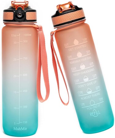 زجاجة مياه سعة 1 لتر مع مؤشر الوقت ومصفاة تريتان خالية من BPA للياقة البدنية وصالة الالعاب الرياضية والرياضات الخارجية من ماهمير (برتقالي)