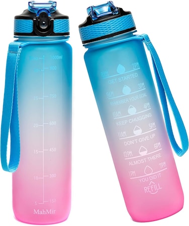 Water Bottle 1L with Time Marker Straw Strainer Tritan BPA Free for Fitness Gym Outdoor Sports By MahMir (Blue)