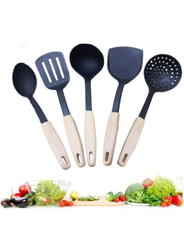 Kitchen Wok Tool Heavy Duty Wok 5 Pieces Utensils With Handle Heat Resistant For Cooking Black