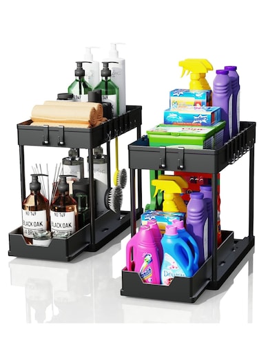 Pack Under Sink Organizer, 2 Tier Bathroom Cabinet Organizer with Sliding Basket, Multi-Purpose Under Sink Organizers and Storage for Bathroom Kitchen (SR-LL-black01)