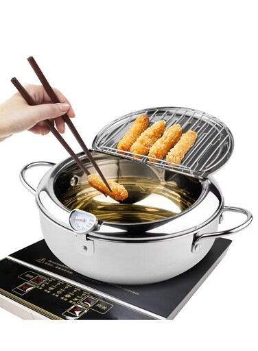 Deep Fryer Pot, Japanese Tempura Deep Fryer Stainless Steel Frying Pot With Thermometer 4.2L, Small household fryer, 37*15.5CM