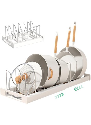 Expandable Rack for Under Cabinet, with 7 DIY Storage Position, Pan Organizer Rack, Pull Out Cabinet with Adjustable Length, U-shape Pot Rack Organizer for Kitchen Cabinet Cookware Baking (White)