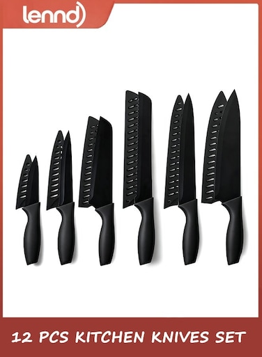12PCS Knife Set, Stainless Steel Kitchen Knife Set with Nonstick Ceramic Coating Dishwasher Safe with 6 Blade Guards, Rustproof, Black