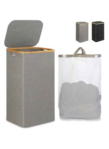 MostNow Laundry Hamper with Lid, 100L Large Tall Clothes Basket Bin with Bamboo Handles, Collapsible Clothes Basket Organizer with Removable Inner Bag for BedroomBathroom, Dorm, Laundry Room (Grey)