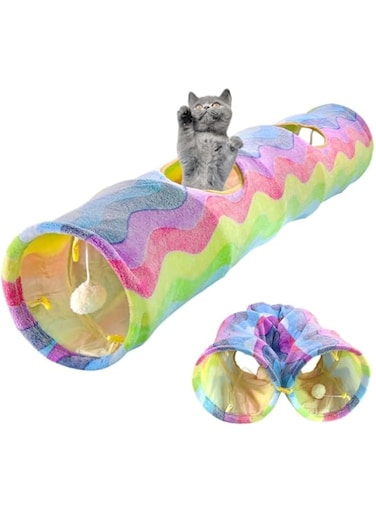 YEACO Straight Cat Tunnel with Four Holes and Hanging Ball for Indoor Cat Exercise, Interactive Crinkle Inside Material