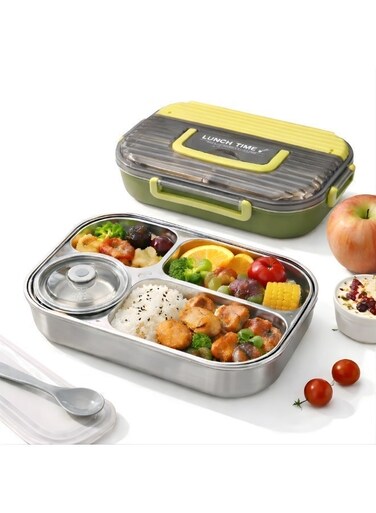Kids Stainless Steel Lunch Box Leak Proof Reusable Bento Box with 4 Compartments and Sealed Container Stainless Steel Bento Lunch Food Box for Kids or Adults with Lockable Clips Portion Control Food Container Back To School Essentials Kids Lunch Box Travel Food Container 25CM X 18 CM X 5 CM