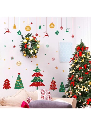BPA Christmas Tree Wall Decals Stickers,Removable Large Xmas Tree and Hanging Ornaments Wall Decor Art,2023 New Year Home Office Nursery School Winter Holiday Party Decorations Supplies