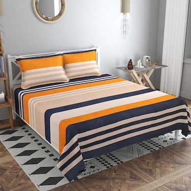 Premium Glace Cotton Kingston Collection King Size Bedsheets with 2 King Size Pillow Covers  Soft Sheets, Breathable, Shrinkage (3 Piece Set, 275x275 + 75 Cms Yellow,Blue &amp; Beige Cotton)