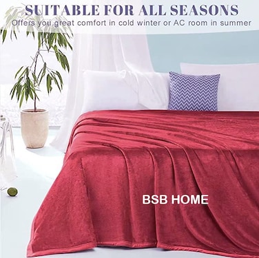 بطانية بيس بي هوم® الفاخرة 300 GSM - مزدوجة للسرير والأريكة والأريكة والسفر والتخييم   223 × 228 سم   أحمر