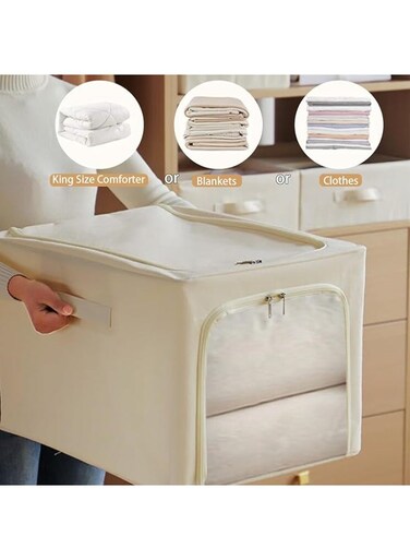 Fabric Storage Box with Lid, Zipper, Clear Window and Handles, Clothes Organiser for Blankets and Bedding, 40x30x33.5cm, Beige