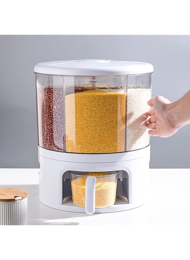 PIOJNYEN Grain Dispenser, 360&deg; Rotating 6 Grid Food Dispenser, 24lb Rice and Grain Storage Container, One-Click Rice Output, Round Multigrain Tank Cup Grain Storage Tank for Home Kitchen