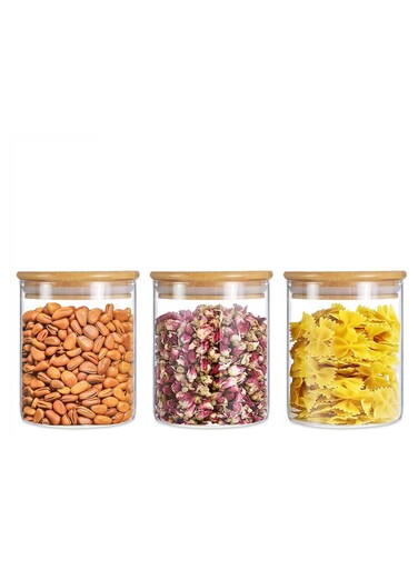 Glass Food Storage Containers Set,Spice Jar Set,3 Piece Glass Jar with Bamboo Airtight Lids and Labels, Mini Clear Food Storage Containers for Pantry for Tea, Herbs, Sugar (3PC, 700ml)