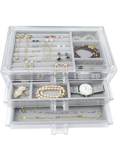 Acrylic Jewelry Organizer Box with 3 Drawers, Earring Jewelry Organizer Clear Jewelry Box for Women, Detachable Velvet Jewelry Display Case for Earring, Rings, Necklace Display Holde