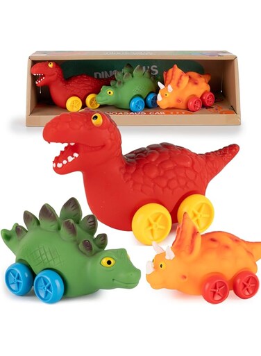 Bambibo Dinosaur Car Toys - Rubber Dinosaur Cars For Kids   Pack of 3, Rubber Dinosaur Cars Toys   Rubber Dinosaurs Baby Toy   Dino Squishy Toys For Boys   Toys for Boys Ages 3-6