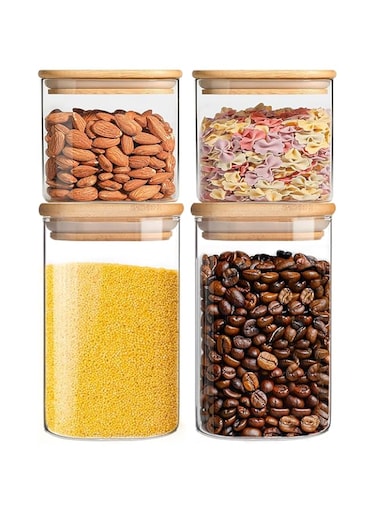 Glass Food Storage Containers with Bamboo Lids Set of 4, Clear Glass Canister Food Jar with Sealing Lid, Kitchen Pantry Storage Container, for Sugar Flour Cereal Beans Coffee Beans,Glass Airtight Jar