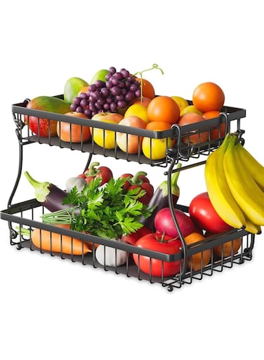 2 Tier Fruit Basket for Kitchen with 2 Banana Hangers, Detachable Metal Fruit Bowl for Kitchen Counter for Fruit and Vegetable Storage, Large Capacity Tiered Fruit Tray