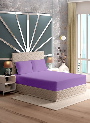 Linen King Plain Fitted Elastic Bedsheet with 2 Pillow Case 200 x 200 Cm Lavender