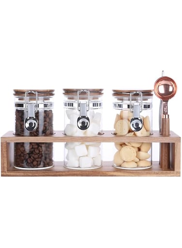 KKC HOME ACCENTS Glass Food Storage Jar，Sealed Glass Cansisters with Airtight Wood Lids for Tea,Sugar,Spice, 13 Floz.