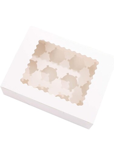 FUFU JOYFULHOME 12 pcs 12 Cavities Kraft Paper Cupcake Box with Inserts Cupcake Containers Bakery Cake Carriers for Home Dessert Shop (White)