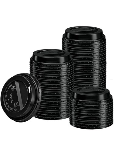 GUSTO [100 Count] Disposable Plastic Dome Lids for 10, 12, 16, &amp; 20 oz. Paper Hot Coffee Cup - Black