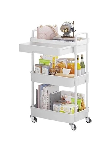 Durku 3-Tier Rolling Utility Cart with Drawer,Multifunctional Storage Organizer with Plastic Shelf &amp; Metal Wheels,Storage Cart for Kitchen,Bathroom,Living Room,Office,White (White-3 Tier)