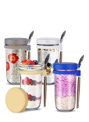 4 Pack 600ml Overnight Oats Jars with Lids &amp; Spoons, Reusable Glass Overnight Oats Container With Measurement Marks, Food Storage For Breakfast Pots, Oatmeal Container For Milk, Cereal, Fruit