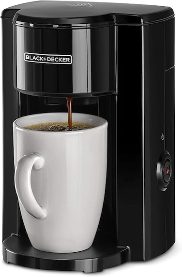 BLACK+DECKER Coffee Maker, 350W, 125ml Water Tank, Compact One-Cup Coffee Machine with Ceramic Mug, Auto Shut-Off, Durable Nylon Filter, One-Button Control, For Drip Espresso, Black - DCM25N-B5
