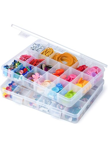 iBune 2 Pack 18 Grids Plastic Compartment Container, Bead Storage Organizer Box Case with Adjustable Removable Dividers for Jewelry Craft Tackles Tools, Size 7.8 x 6.3 x 1.2 in, White