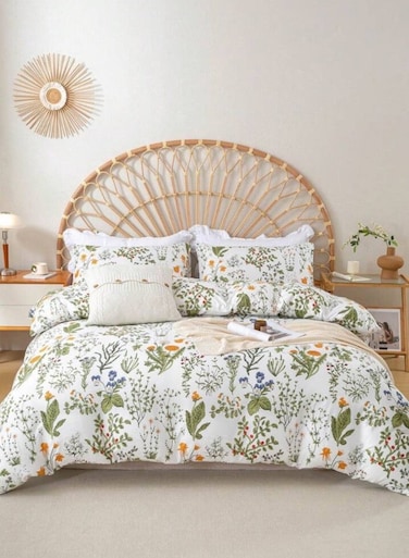 Home Queen size 6 pieces duvet cover set, plant pattern with yellow floral design.