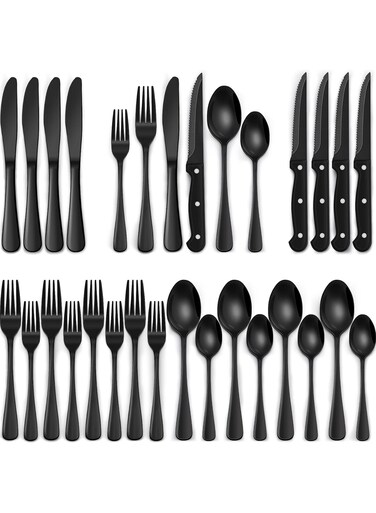 Black Silverware Set with Steak Knives, Black Flatware Set for 4, Food-Grade Stainless Steel Tableware Cutlery Set, Mirror Finished Utensil Sets for Home Restaurant