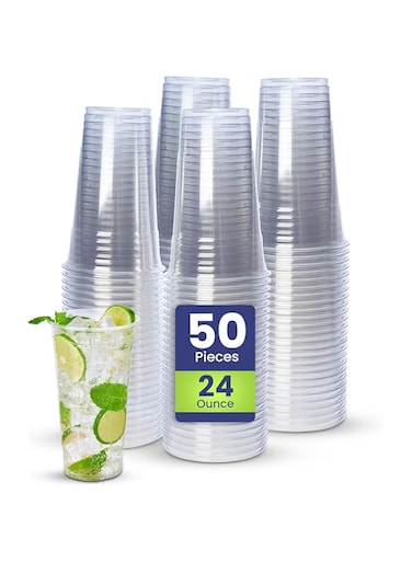 SNH 50 Pieces 24Oz Juice Cup Clear Strong Disposable Plastic Cups - Ideal for iced coffee, smoothies, Bubble Boba tea, milkshakes, frozen cocktails, water, sodas, juices, snacks, dessert &amp; more.