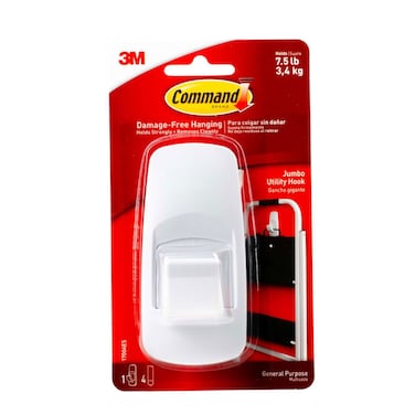 Command 17004ES Jumbo Hook with Strips, Large, Holds 3.4 Kg. each hook white color. 1 hook and 4 strips/pack