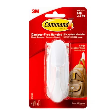 Command 17083ES Designer Hook with strips, Large, Holds 2.2 Kg. each hook, white color. 1 hook and 2 strips/pack