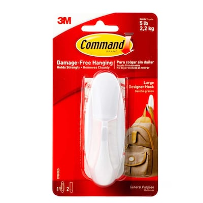 Command 17083ES Designer Hook with strips, Large, Holds 2.2 Kg. each hook, white color. 1 hook and 2 strips/pack