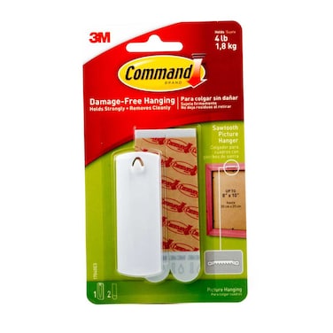 Command 17040ES Sawtooth Picture Hanger with Water Resistant Strips, Holds 1.8 Kg each hook, white color. 1 hook and 2 strips/pack