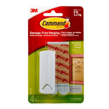 Command 17041 Wire backed picture Hanger, Holds 2.2 Kg each hook, white color. 1 hanger and 2 strips/pack