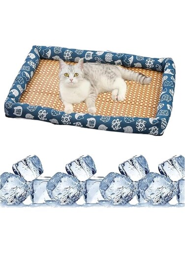 Xspring Pet Cooling Bed, Breathable Ice Rattan Dog Cooling Mat, Summer Comfortable Cat Cooling Bed with Pillow Fence, Indoor Pet Sleeping Mats for Small and Cat Dog Bed (50x40cm)
