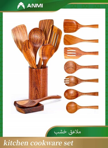 9 Pieces Wooden Spoons for Cooking, Wooden Cooking Utensils for Nonstick Cookware&iuml;&frac14;&OElig;Includes Spoon Rest and Comfort Grip&iuml;&frac14;&OElig;made of Natural Teak Wood Material