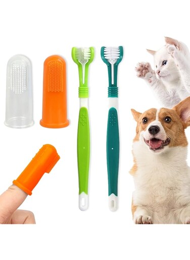 Zuchis Three Sided Pet Toothbrush,Teeth Care Dog Cat Cleaning Mouth, Dog Cat Toothbrush (green&amp;blue) ，Free Finger Toothbrush