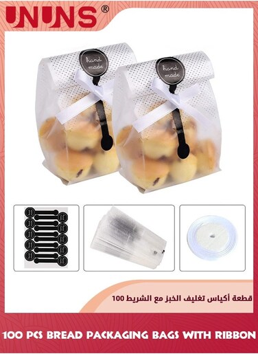 Bread Packaging Bag,100 Pcs Translucent Plastic Bags With 100 Pcs Stickers,2 Roll White Ribbon,Pastry Treat Bags For Homemade Bread, Baked Goods Packaging For Cake Chocolate Candy And Snack