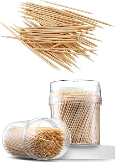 2-Pack Bamboo Wooden Toothpicks - Double-Sided Round Toothpicks with Dispenser for Teeth, Appetizers, Fruits &amp; DIY Crafts