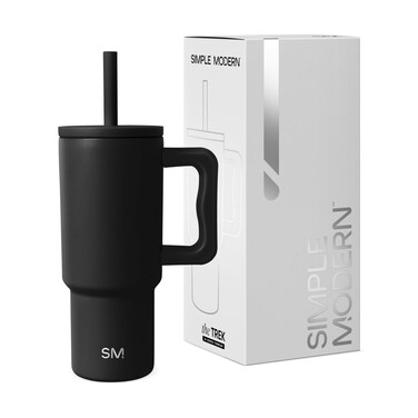 Modern Kids 24 oz Tumbler with Handle and Silicone Straw Lid   Spill Proof and Leak Resistant   Reusable Stainless Steel Bottle   Gift for Kids Boys Girls   Trek Collection   Midnight Black
