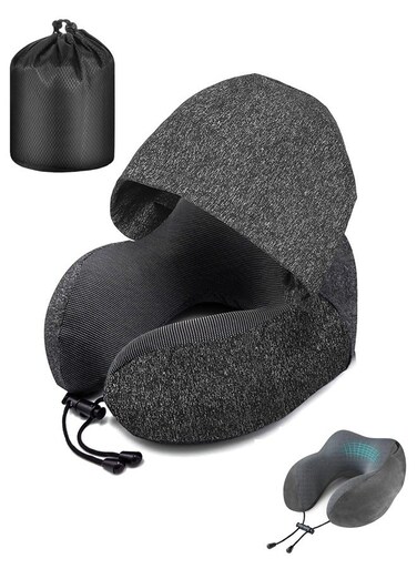 Pillow, Neck Pillow for Travel with Hood for Airplane, Nap U-Shaped Pillow, Memory Foam Neck Pillow Adult Head Neck Support, for Long Flights Plane, Office, Cars Sleeping Rest (Dark Grey)