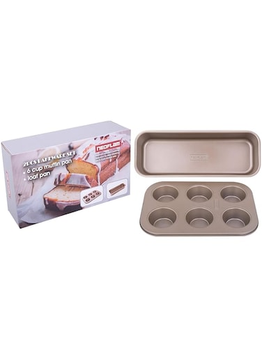 Neoflam,Baking ware 2 Pcs Set, (6 Muffin Pan + Loaf Pan) Gold color, non stick coating.