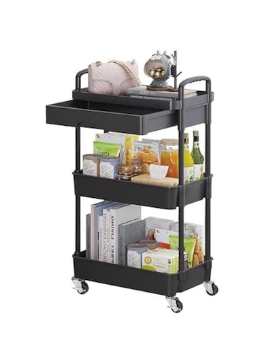 3-Tier Rolling Utility Cart with Drawer,Multifunctional Storage Organizer with Plastic Shelf &amp; Metal Wheels,Storage Cart for Kitchen,Bathroom,Living Room,Office,Black-3 Tier