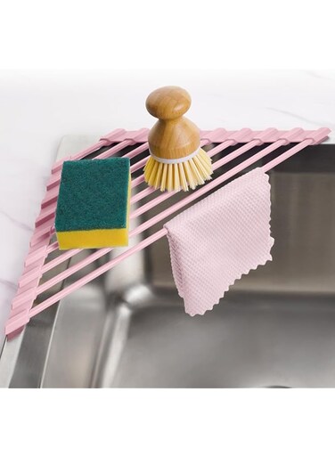 Tomorotec Compact Silicone-Coated Triangle Dish Drying Rack for Sink Corner - Foldable Stainless Steel Over-The-Sink Organizer and Storage Shelf (Pink)