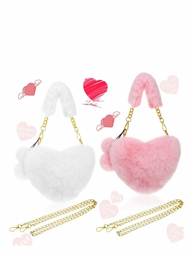 Valentine's Day Furry Purse Soft Fluffy Faux Fur Heart Handbags for Women Girls Valentines Day Cute Present, 2 Pieces